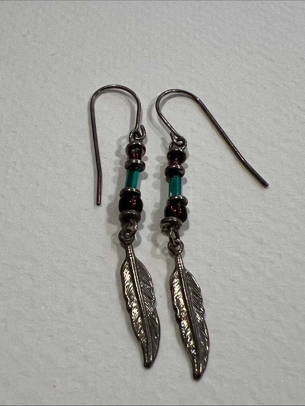 Silver-tone Feather Drop Earrings with Green and PurpleBead Accents